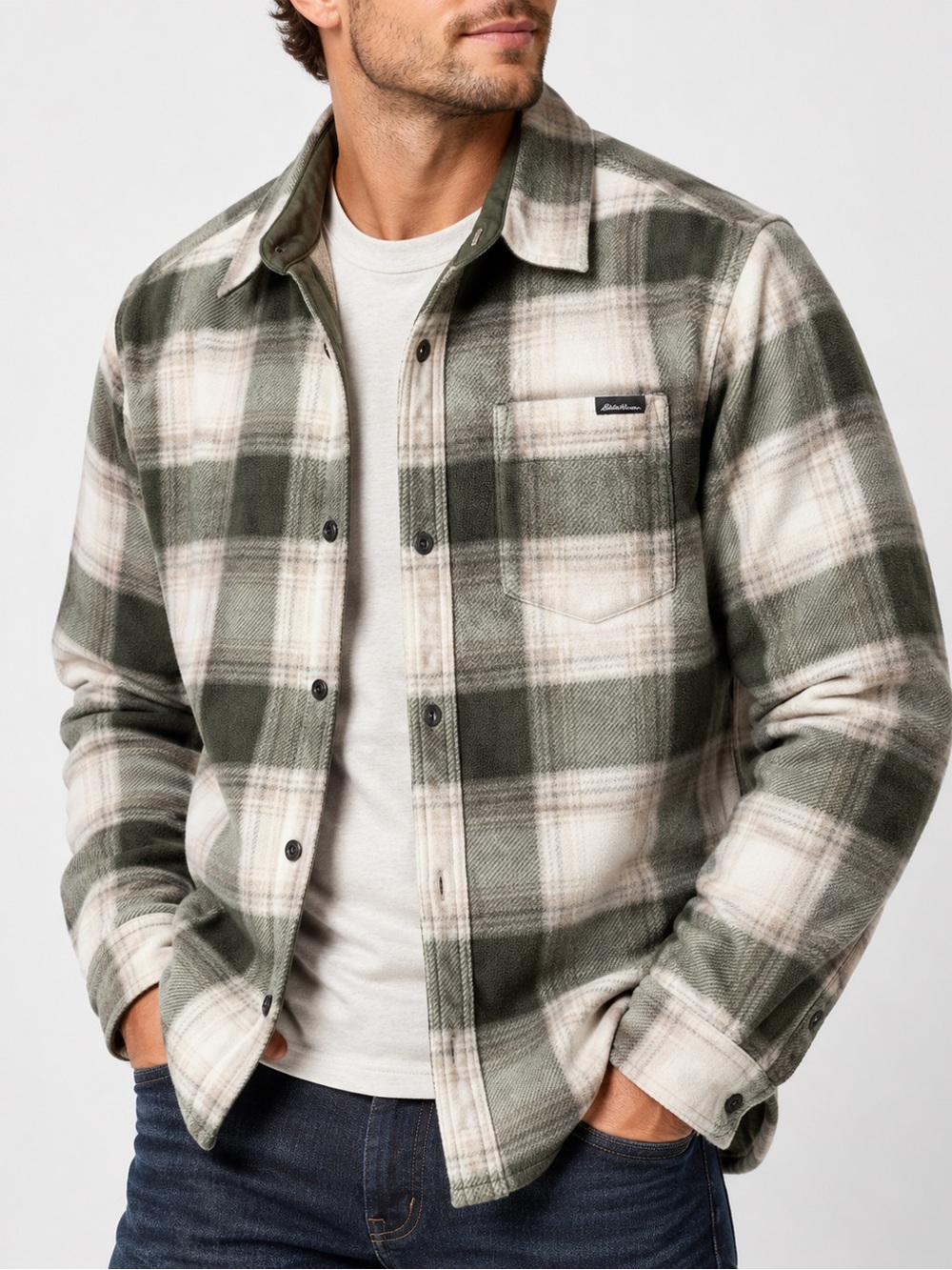 Eddie Bauer Olive and Cream Plaid Lightweight Shacket